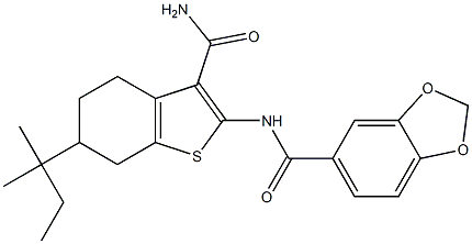 N-[3-carbamoyl-6-(2-methylbutan-2-yl)-4,5,6,7-tetrahydro-1-benzothiophen-2-yl]-1,3-benzodioxole-5-carboxamide Struktur