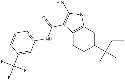 2-amino-6-(2-methylbutan-2-yl)-N-[3-(trifluoromethyl)phenyl]-4,5,6,7-tetrahydro-1-benzothiophene-3-carboxamide Struktur