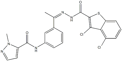 N-[3-[(Z)-N-[(3,4-dichloro-1-benzothiophene-2-carbonyl)amino]-C-methylcarbonimidoyl]phenyl]-2-methylpyrazole-3-carboxamide Struktur