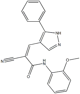 (Z)-2-cyano-N-(2-methoxyphenyl)-3-(5-phenyl-1H-pyrazol-4-yl)prop-2-enamide Struktur