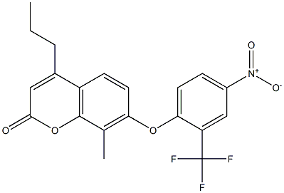 8-methyl-7-[4-nitro-2-(trifluoromethyl)phenoxy]-4-propylchromen-2-one Struktur