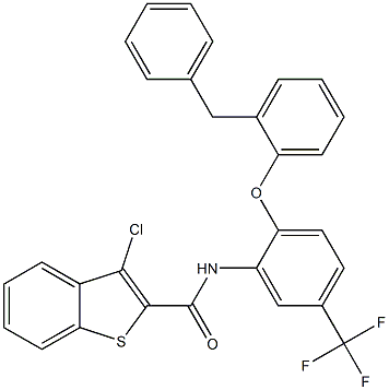 N-[2-(2-benzylphenoxy)-5-(trifluoromethyl)phenyl]-3-chloro-1-benzothiophene-2-carboxamide Struktur