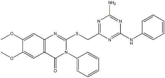 2-[(4-amino-6-anilino-1,3,5-triazin-2-yl)methylsulfanyl]-6,7-dimethoxy-3-phenylquinazolin-4-one Struktur