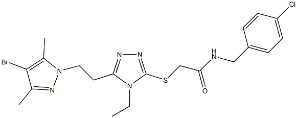 2-[[5-[2-(4-bromo-3,5-dimethylpyrazol-1-yl)ethyl]-4-ethyl-1,2,4-triazol-3-yl]sulfanyl]-N-[(4-chlorophenyl)methyl]acetamide Struktur