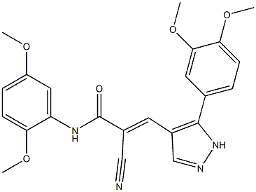 (E)-2-cyano-N-(2,5-dimethoxyphenyl)-3-[5-(3,4-dimethoxyphenyl)-1H-pyrazol-4-yl]prop-2-enamide Struktur