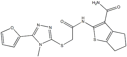 2-[[2-[[5-(furan-2-yl)-4-methyl-1,2,4-triazol-3-yl]sulfanyl]acetyl]amino]-5,6-dihydro-4H-cyclopenta[b]thiophene-3-carboxamide Struktur