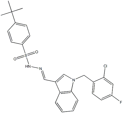 4-tert-butyl-N-[(E)-[1-[(2-chloro-4-fluorophenyl)methyl]indol-3-yl]methylideneamino]benzenesulfonamide Struktur