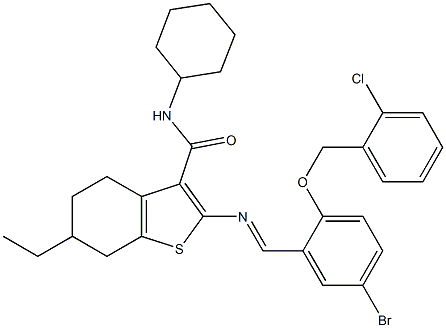 2-[(E)-[5-bromo-2-[(2-chlorophenyl)methoxy]phenyl]methylideneamino]-N-cyclohexyl-6-ethyl-4,5,6,7-tetrahydro-1-benzothiophene-3-carboxamide Struktur