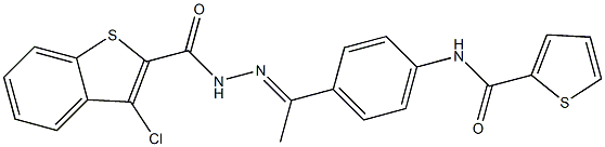 3-chloro-N-[(E)-1-[4-(thiophene-2-carbonylamino)phenyl]ethylideneamino]-1-benzothiophene-2-carboxamide Struktur