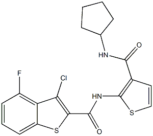 3-chloro-N-[3-(cyclopentylcarbamoyl)thiophen-2-yl]-4-fluoro-1-benzothiophene-2-carboxamide Struktur