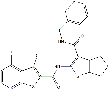 N-[3-(benzylcarbamoyl)-5,6-dihydro-4H-cyclopenta[b]thiophen-2-yl]-3-chloro-4-fluoro-1-benzothiophene-2-carboxamide Struktur