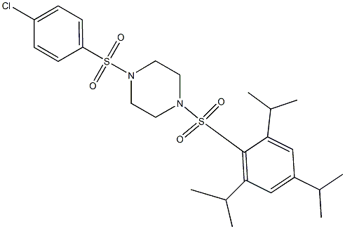 1-(4-chlorophenyl)sulfonyl-4-[2,4,6-tri(propan-2-yl)phenyl]sulfonylpiperazine Struktur