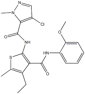 4-chloro-N-[4-ethyl-3-[(2-methoxyphenyl)carbamoyl]-5-methylthiophen-2-yl]-2-methylpyrazole-3-carboxamide Struktur