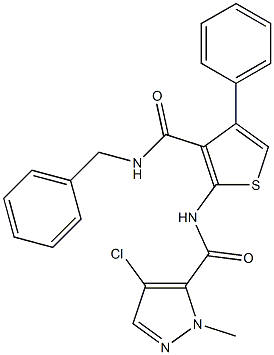 N-[3-(benzylcarbamoyl)-4-phenylthiophen-2-yl]-4-chloro-2-methylpyrazole-3-carboxamide Struktur