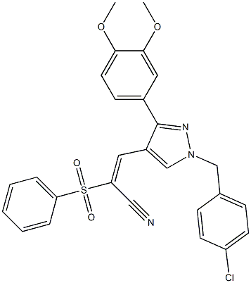 (E)-2-(benzenesulfonyl)-3-[1-[(4-chlorophenyl)methyl]-3-(3,4-dimethoxyphenyl)pyrazol-4-yl]prop-2-enenitrile Struktur