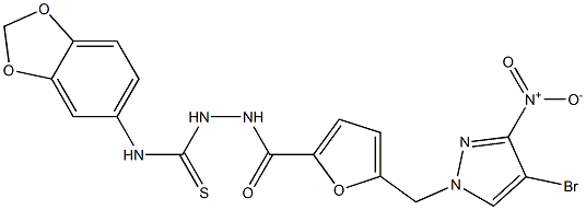 1-(1,3-benzodioxol-5-yl)-3-[[5-[(4-bromo-3-nitropyrazol-1-yl)methyl]furan-2-carbonyl]amino]thiourea Struktur