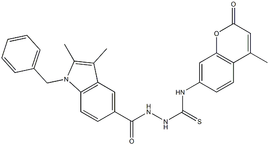 1-[(1-benzyl-2,3-dimethylindole-5-carbonyl)amino]-3-(4-methyl-2-oxochromen-7-yl)thiourea Struktur