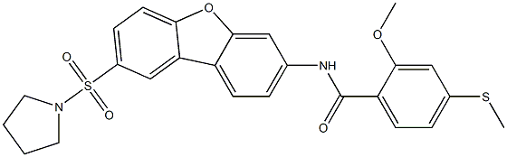 2-methoxy-4-methylsulfanyl-N-(8-pyrrolidin-1-ylsulfonyldibenzofuran-3-yl)benzamide Struktur