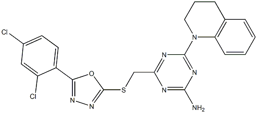 4-[[5-(2,4-dichlorophenyl)-1,3,4-oxadiazol-2-yl]sulfanylmethyl]-6-(3,4-dihydro-2H-quinolin-1-yl)-1,3,5-triazin-2-amine Struktur