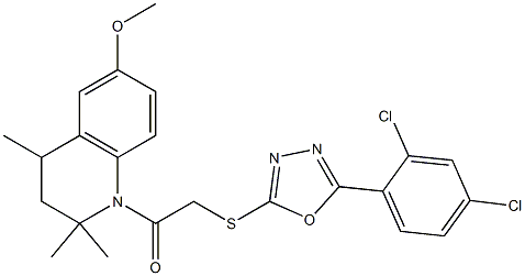 2-[[5-(2,4-dichlorophenyl)-1,3,4-oxadiazol-2-yl]sulfanyl]-1-(6-methoxy-2,2,4-trimethyl-3,4-dihydroquinolin-1-yl)ethanone Struktur