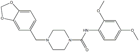 4-(1,3-benzodioxol-5-ylmethyl)-N-(2,4-dimethoxyphenyl)piperazine-1-carboxamide Struktur