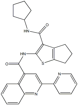 N-[3-(cyclopentylcarbamoyl)-5,6-dihydro-4H-cyclopenta[b]thiophen-2-yl]-2-pyridin-2-ylquinoline-4-carboxamide Struktur