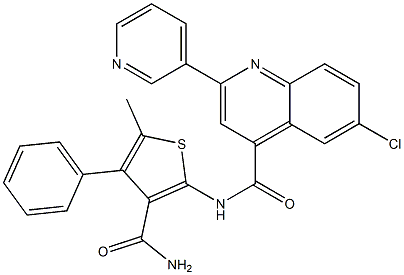 N-(3-carbamoyl-5-methyl-4-phenylthiophen-2-yl)-6-chloro-2-pyridin-3-ylquinoline-4-carboxamide Struktur