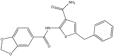 N-(5-benzyl-3-carbamoylthiophen-2-yl)-1,3-benzodioxole-5-carboxamide Struktur