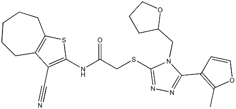 N-(3-cyano-5,6,7,8-tetrahydro-4H-cyclohepta[b]thiophen-2-yl)-2-[[5-(2-methylfuran-3-yl)-4-(oxolan-2-ylmethyl)-1,2,4-triazol-3-yl]sulfanyl]acetamide Struktur