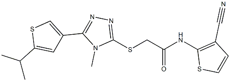 N-(3-cyanothiophen-2-yl)-2-[[4-methyl-5-(5-propan-2-ylthiophen-3-yl)-1,2,4-triazol-3-yl]sulfanyl]acetamide Struktur