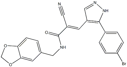 (E)-N-(1,3-benzodioxol-5-ylmethyl)-3-[5-(4-bromophenyl)-1H-pyrazol-4-yl]-2-cyanoprop-2-enamide Struktur