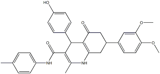 7-(3,4-dimethoxyphenyl)-4-(4-hydroxyphenyl)-2-methyl-N-(4-methylphenyl)-5-oxo-4,6,7,8-tetrahydro-1H-quinoline-3-carboxamide Struktur