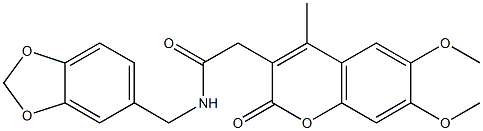 N-(1,3-benzodioxol-5-ylmethyl)-2-(6,7-dimethoxy-4-methyl-2-oxochromen-3-yl)acetamide Struktur