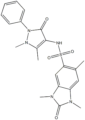 N-(1,5-dimethyl-3-oxo-2-phenylpyrazol-4-yl)-1,3,6-trimethyl-2-oxobenzimidazole-5-sulfonamide Struktur