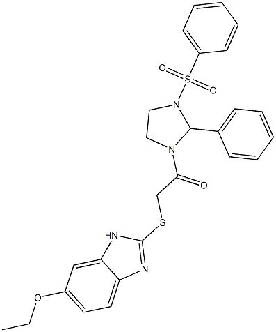 1-[3-(benzenesulfonyl)-2-phenylimidazolidin-1-yl]-2-[(6-ethoxy-1H-benzimidazol-2-yl)sulfanyl]ethanone Struktur