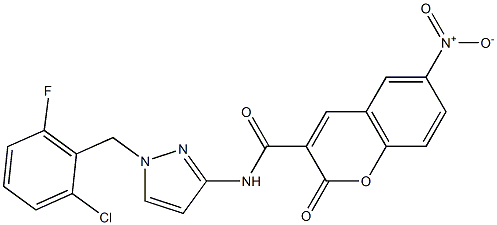 N-[1-[(2-chloro-6-fluorophenyl)methyl]pyrazol-3-yl]-6-nitro-2-oxochromene-3-carboxamide Struktur