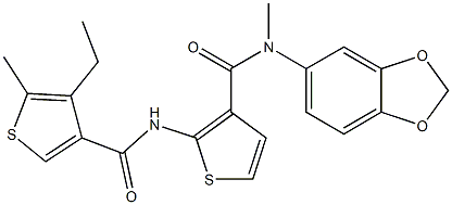 N-[3-(1,3-benzodioxol-5-ylmethylcarbamoyl)thiophen-2-yl]-4-ethyl-5-methylthiophene-3-carboxamide Struktur