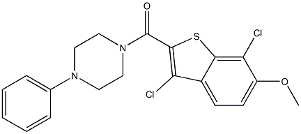 (3,7-dichloro-6-methoxy-1-benzothiophen-2-yl)-(4-phenylpiperazin-1-yl)methanone Struktur