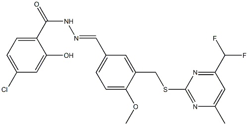 4-chloro-N-[(E)-[3-[[4-(difluoromethyl)-6-methylpyrimidin-2-yl]sulfanylmethyl]-4-methoxyphenyl]methylideneamino]-2-hydroxybenzamide Struktur