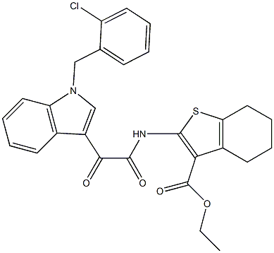 ethyl 2-[[2-[1-[(2-chlorophenyl)methyl]indol-3-yl]-2-oxoacetyl]amino]-4,5,6,7-tetrahydro-1-benzothiophene-3-carboxylate Struktur