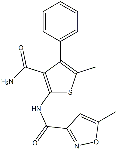 N-(3-carbamoyl-5-methyl-4-phenylthiophen-2-yl)-5-methyl-1,2-oxazole-3-carboxamide Struktur