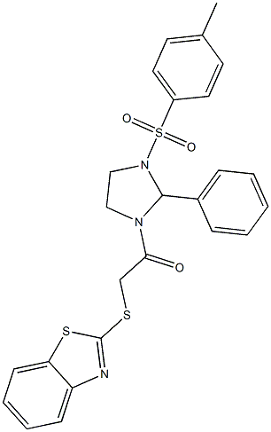 2-(1,3-benzothiazol-2-ylsulfanyl)-1-[3-(4-methylphenyl)sulfonyl-2-phenylimidazolidin-1-yl]ethanone Struktur