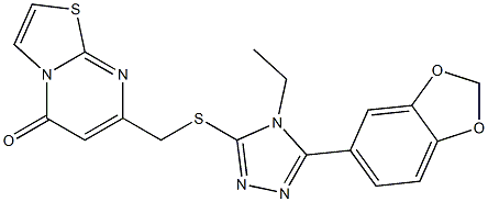 7-[[5-(1,3-benzodioxol-5-yl)-4-ethyl-1,2,4-triazol-3-yl]sulfanylmethyl]-[1,3]thiazolo[3,2-a]pyrimidin-5-one Struktur