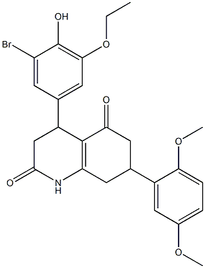 4-(3-bromo-5-ethoxy-4-hydroxyphenyl)-7-(2,5-dimethoxyphenyl)-1,3,4,6,7,8-hexahydroquinoline-2,5-dione Struktur