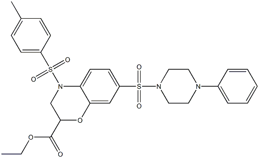 ethyl 4-(4-methylphenyl)sulfonyl-7-(4-phenylpiperazin-1-yl)sulfonyl-2,3-dihydro-1,4-benzoxazine-2-carboxylate Struktur