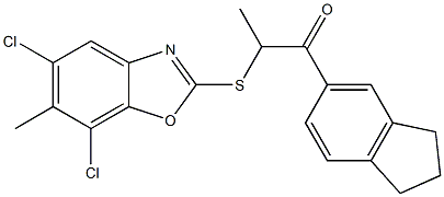 2-[(5,7-dichloro-6-methyl-1,3-benzoxazol-2-yl)sulfanyl]-1-(2,3-dihydro-1H-inden-5-yl)propan-1-one Struktur