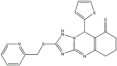 2-(pyridin-2-ylmethylsulfanyl)-9-thiophen-2-yl-5,6,7,9-tetrahydro-1H-[1,2,4]triazolo[5,1-b]quinazolin-8-one Struktur