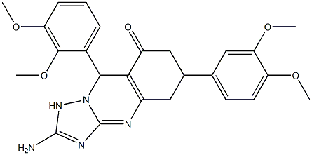 2-amino-9-(2,3-dimethoxyphenyl)-6-(3,4-dimethoxyphenyl)-5,6,7,9-tetrahydro-1H-[1,2,4]triazolo[5,1-b]quinazolin-8-one Struktur