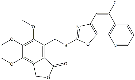 7-[(5-chloro-[1,3]oxazolo[4,5-h]quinolin-2-yl)sulfanylmethyl]-4,5,6-trimethoxy-3H-2-benzofuran-1-one Struktur