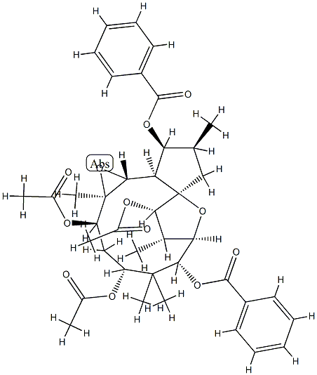 [1aR,2R,4R,6R,7R,8S,9S,9aR,11S,12S,12aR,12bR,(+)]-Tetradecahydro-1aβ,5,5,8,11α-pentamethyl-7,9a-epoxy-9aH-cyclopenta[3,4]cyclododeca[1,2-b]oxirene-2,4,6,9,12-pentol 2,4,9-triacetate 6,12-dibenzoate Struktur